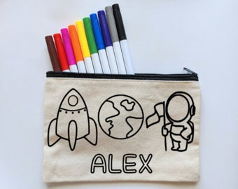 Space Themed Gift for Kids - Personalized Birthday Gift - Galaxy or Universe Theme Party Favor -Color Your Own Bag Coloring Kit with Markers