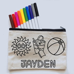 Spring Break Gift for Kids -Personalized - Beach Vacation - Summer Camp - Craft Activity - Color Your Own Bag - Coloring Kit with Markers