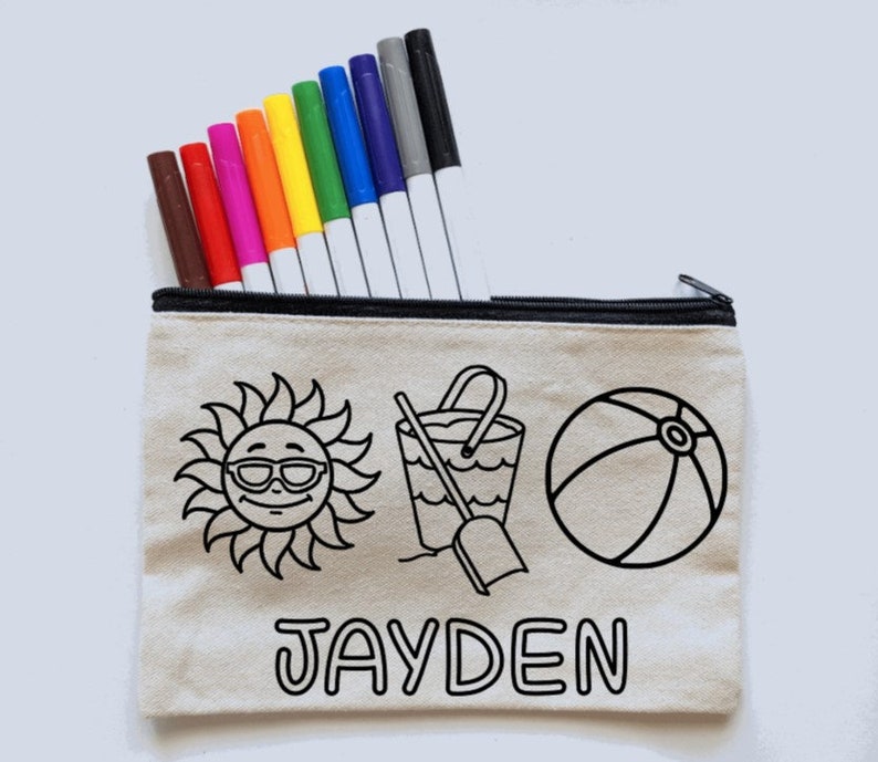 Spring Break Gift for Kids Personalized Beach Vacation Summer Camp Craft Activity Color Your Own Bag Coloring Kit with Markers image 1