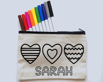 Personalized Valentine's Day Gift for Kids - Color Your Own Bag Kit - Pencil Case - Coloring Activity with Markers - Valentine's Holder