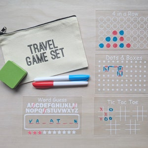 Travel Game Set for Kids Birthday Gift for Kids Reusable Dry Erase Games Activity Bag 4 Pack with Markers and Bag image 1