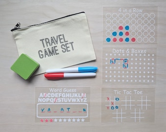 Travel Game Set for Kids - Birthday Gift for Kids - Reusable Dry Erase Games - Activity Bag - 4 Pack with Markers and Bag