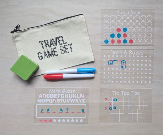 Reusable Travel Game Set for Kids | 4 Game Boards with Dry Erase Markers