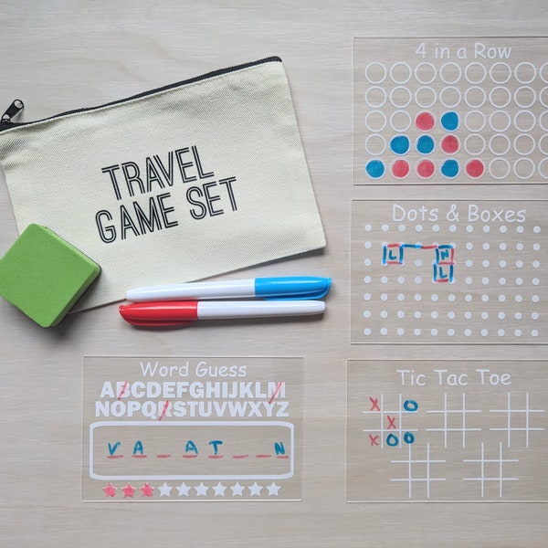 Travel Game Set for Kids - Birthday Gift for Kids - Reusable Dry Erase Games - Activity Bag - 4 Pack with Markers and Bag