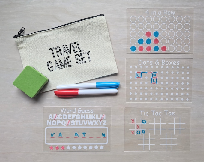 Reusable Travel Game Set for Kids | 4 Game Boards with Dry Erase Markers