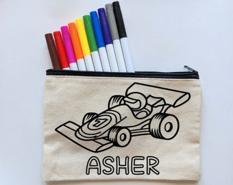 Race Car Personalized Pencil Case - Racing Theme Party Favor - Craft Activity Gift for Kids - Color Your Own Bag Kit with Markers