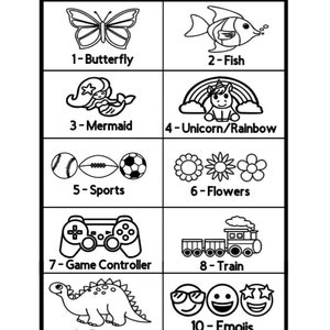 Puede incluir: Opciones de dise&ntilde;o en blanco y negro para un producto personalizable. Las opciones incluyen una mariposa, un pez, una sirena, un unicornio con un arco&iacute;ris, equipo deportivo, flores, un mando de juego, un tren, un dinosaurio y emojis.