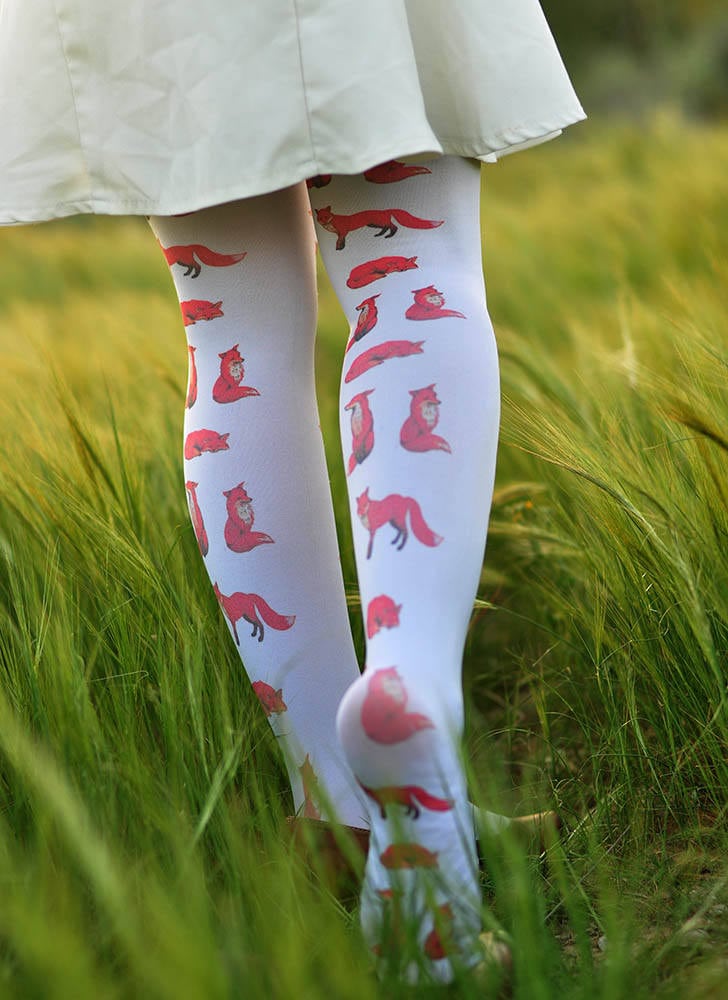 Women Tights-fox-gift for Her, Valentines, Printed Tights printed