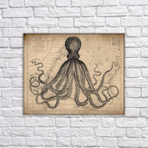 Kraken Vintage Map Art Wall Decor Giant Octopus Squid Sea Monster Poster 0009
