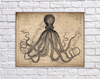 Kraken Vintage Map Art Wall Decor Giant Octopus Squid Sea Monster Poster 0009