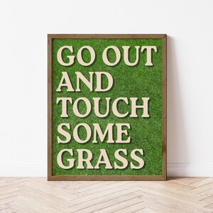 May include: A framed wall art piece with the text "GO OUT AND TOUCH SOME GRASS" in a light beige color. The background is green, resembling grass. The frame is brown, and the artwork is displayed against a white wall.