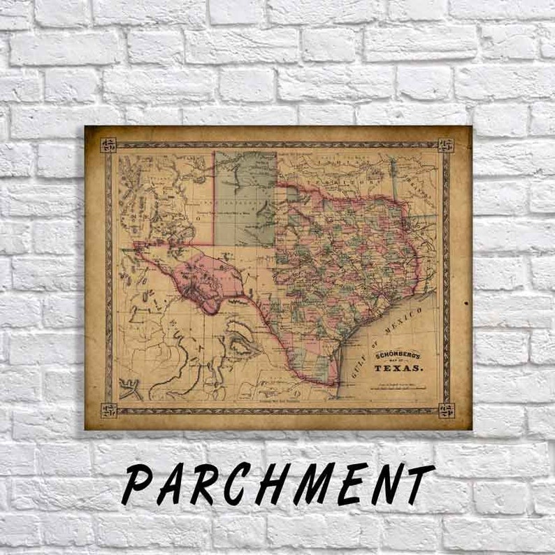 Op de afbeelding: Een antieke kaart van Texas uit 1858, die de grenzen van de staat en de belangrijkste steden laat zien. De kaart is gedrukt op perkamentpapier en heeft een vintage, verweerde uitstraling. De titel "Schonberg's Map of Texas" is afgedrukt in de rechterbenedenhoek.