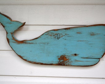 Wood Whale Wooden Sperm Whale Moby Dick Hand Painted Wall Nautical Beach Coastal Sign Decor 36" wide by 17.50" high