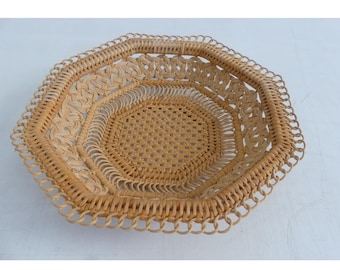 Vintage Octagonal Woven Wicker Rattan Basket Boho Trinket Fruit Bowl 9.5"