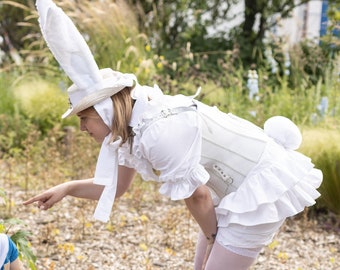 Costume White Rabbit with hat, bag and leather corset Alice in Wonderland