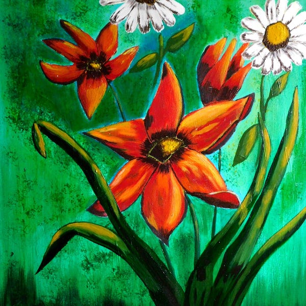 Orange Lily & Daisy Original Acrylic painting on canvas, wall hanging, wall art