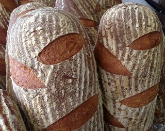 May include: Close-up of several loaves of freshly baked sourdough bread with a rustic, crusty exterior and a light brown interior. The bread has a slightly rough texture and is dusted with flour.