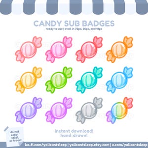 Conjunto de lindas insignias de suscripción de caramelos multicolores para transmitir en Twitch, YouTube, Kick, Discord, insignias de suscripción de Twitch o insignias de suscriptor.