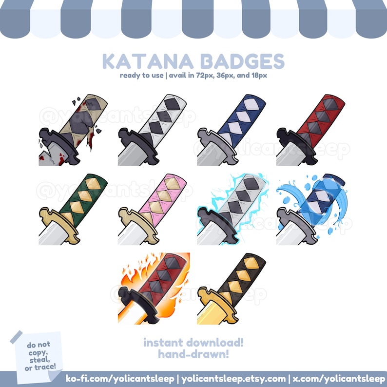 K&ouml;nnte beinhalten: Eine Sammlung von neun Katana-Abzeichen mit verschiedenen Griffdesigns, darunter Rautenmuster, Blut, Blitze und Flammen. Der Text "KATANA BADGES" und "instant download! hand-drawn!" sind ebenfalls vorhanden.