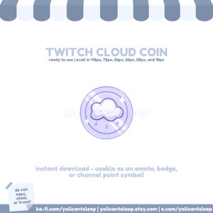 Puede incluir: Gráfico digital de una moneda Twitch Cloud, un emblema circular con un diseño de nube y gotas de lluvia. La moneda es de color púrpura claro con una nube blanca y está lista para usar como emote, insignia o símbolo de punto de canal. Texto: "TWITCH CLOUD COIN".