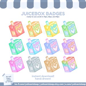 Könnte beinhalten: Eine Sammlung von zwölf bunten Saftbox-Abzeichen in verschiedenen Pastelltönen, jedes mit einem Herz und dem Wort "Juice". Die Abzeichen sind handgezeichnet und in den Größen 72px, 36px und 18px erhältlich. Der Text "JUICEBOX BADGES" steht oben.
