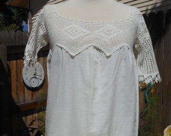 Victorian 1900s White Crocheted Lace Scoop Neck Above the Knee White Cotton Dress, Sundress, Frock or Smock