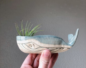Handmade Ceramic Fog Gray Light Blue MEDIUM size Whale Planter