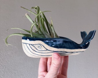 Handmade, Hand-sculpted ((LARGE Size)) Dark Blue Green Whale Ceramic Bowl Sculpture Air Planter Decorative Jewelry Holder