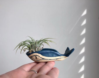 Handmade, Hand-sculpted MINI Size MATTE Sapphire Blue Green Whale Ceramic Bowl Sculpture Air Planter Jewelry Holder (MINIATURE)