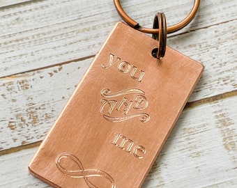 Copper Key Ring Key Chain Hand Made Engraved Recycled Copper Pipe Upcycled Couples You and Me Gift for Him for Her