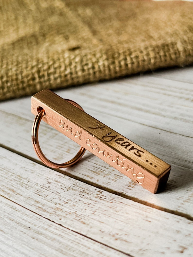 Copper Bar Keyring 7th Anniversary Gift Idea Engraved Personalised Gift for Him for Her Couples Family Home New House Mother's Day image 4