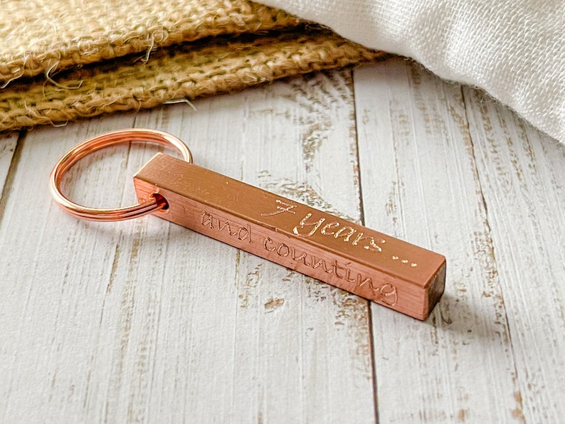 Copper Bar Keyring 7th Anniversary Gift Idea Engraved Personalised Gift for Him for Her Couples Family Home New House Mother's Day image 2