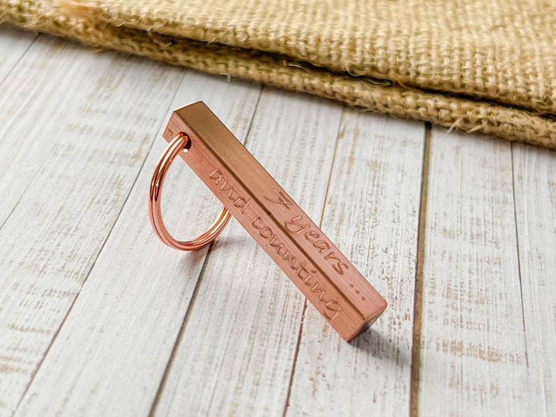 Copper Bar Keyring 7th Anniversary Gift Idea Engraved Personalised Gift for Him for Her Couples Family Home New House Mother's Day image 1