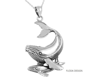 Sterling Silver Womens 1mm Box Chain 3D Swimming Humpback Whale Pendant Necklace Sterling Silver Womens 1mm Box Chain 3D Swimming Humpback Whale Pendant Necklace