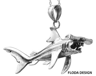 Collar de tiburón martillo en plata de ley, joyas de pescado, joyería de tiburón martillo, colgante de tiburón martillo festoneado 3D FD-5-2