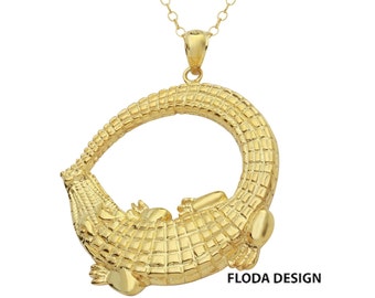Crocodile Necklace in Sterling Silver (18K Yellow Gold Plating), Crocodile Jewelry, Alligator Jewelry FD-21-1, 2