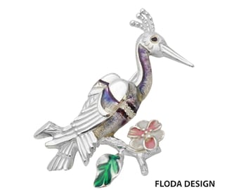 Gray Crowned Crane Brooch in Sterling Silver, Enamel Jewelry, Bird Jewelry FD- 55-13