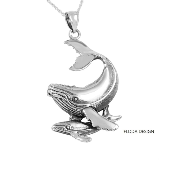 Humpback Whale Mother & Baby Pendant Necklace in Sterling Silver, Nautical Jewelry, Humpback Whale jewelry FD-13-9