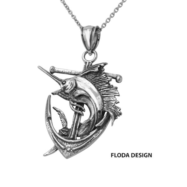 Blue Marlin on Anchor 3D Charm Necklace in Sterling Silver, Blue Marlin Jewelry, Anchor Jewelry, Nautical Jewelry FD- 18-7