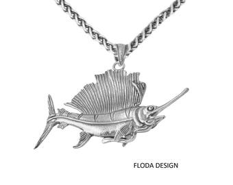 Segelfisch 3D Anhänger Halskette in Sterling Silber, Segelfisch Schmuck FD- 1-7