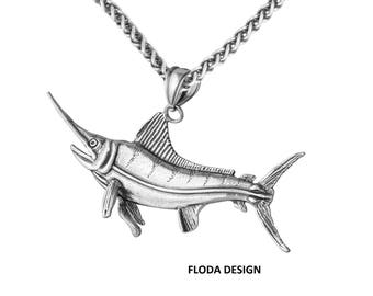 Blaue Marlin 3D Halskette in Sterling Silber, Nautischer Schmuck, Fischschmuck FD-1-10,13