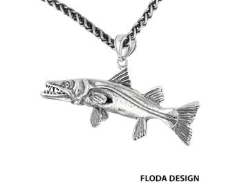 Große Barracuda 3D Fisch Anhänger Halskette aus Sterling Silber FD-4-4