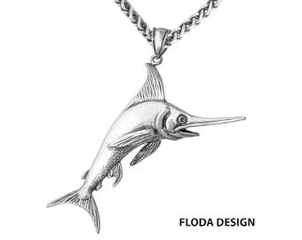 Swordfish 3D Pendant Necklace in Sterling Silver, Nautical Jewelry, Swordfish Jewelry FD-1-12