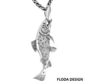 Atlantic Salmon 3D Slide Pendant Necklace in Sterling Silver, Salmon Jewelry, Fish Jewelry FD-4-10