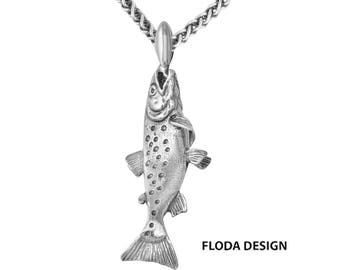 Atlantik Lachs 3D Schiebe anhänger Halskette in Sterling Silber, Fisch Schmuck, Nautischer Schmuck FD-4-8