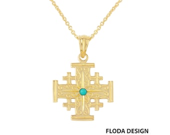 Croce di Gerusalemme in argento sterling (placcatura oro giallo) con pietra turchese.