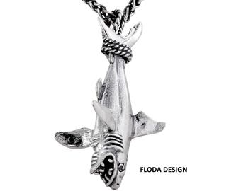 Toller Weißer Hai Schiebe anhänger Halskette aus Sterling Silber, Fischschmuck FD-4-18