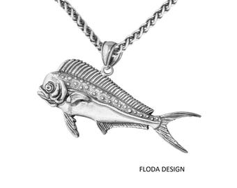 Mahi-Mahi 3D Fisch Anhänger Halskette in Sterling Silber, Nautischer Schmuck, Fischschmuck FD- 2-7,10