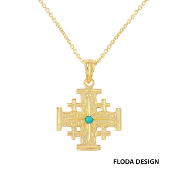 Jerusalem Cross in Sterling Silver (Yellow Gold Plating) with Turquoise stone.