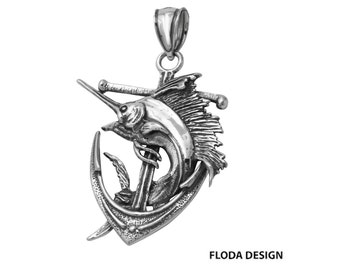 Azaggi Gold Plated Silver Necklace Leaping Marlin Fish Symbol Inward Strength Deep Sea Fishing Fishermans Catch Pendant Necklace.This Gold Plated Necklace is the Perfect Holiday Gift Jewelry Gift